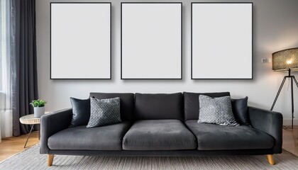 Modern Living Room Interior Dark Sofa in Sleek 3D Render Showcasing Minimalistic Elegance with a Hint of Warmth and Sophistication Amidst a Cool Palette