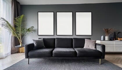 3D Render of a Modern Living Room with Dark Sofa A Chic and Sophisticated Mood Board for Home Decor Inspiration