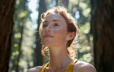 , Radiant woman with natural freckles, blurred redwood forest sunlight filtering through