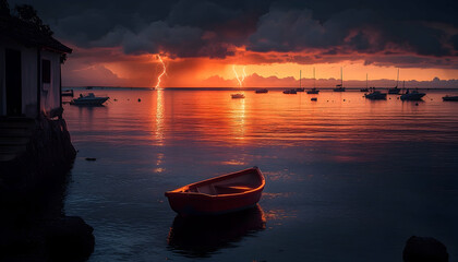 Naklejka premium Dramatic seaside landscape with lightning striking at sunset seascape