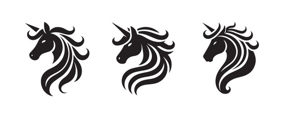 Unicorn face horn or alicorn black solid silhouette vector logo icon design on white background, fantasy animal clipart