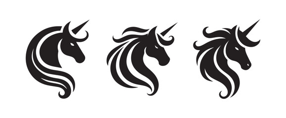 Unicorn face horn or alicorn black solid silhouette vector logo icon design on white background, fantasy animal clipart