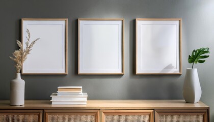 Three Modern Posters Framed on a Minimalist Wall in a Chic Living Room Background, Elevating the Space with Vibrant Colors and Striking Designs, Perfect for Digital Art, Home Decor, or Design