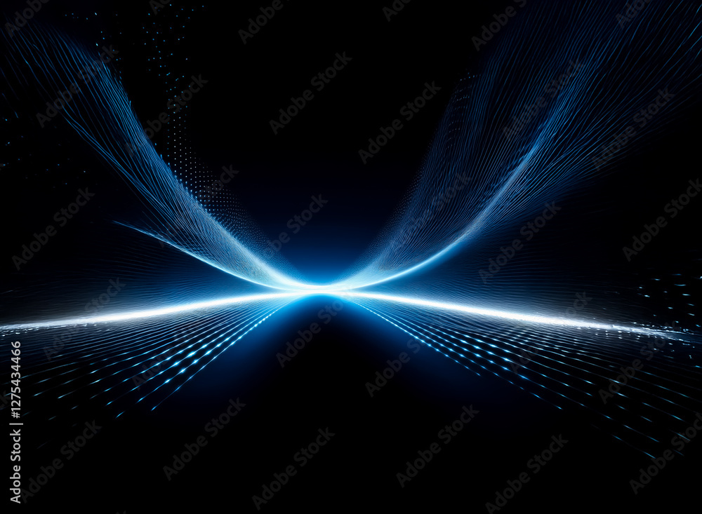 Poster abstract digital artwork featuring bright blue light streaks converging at a point, creating a futur