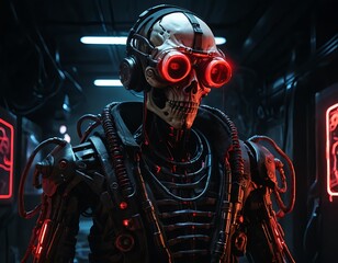 Fototapeta premium Cyberpunk Skeleton Robot in Neon-Lit Corridor