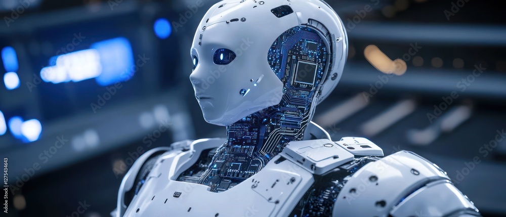 Poster futuristic robot with intricate circuitry in lab