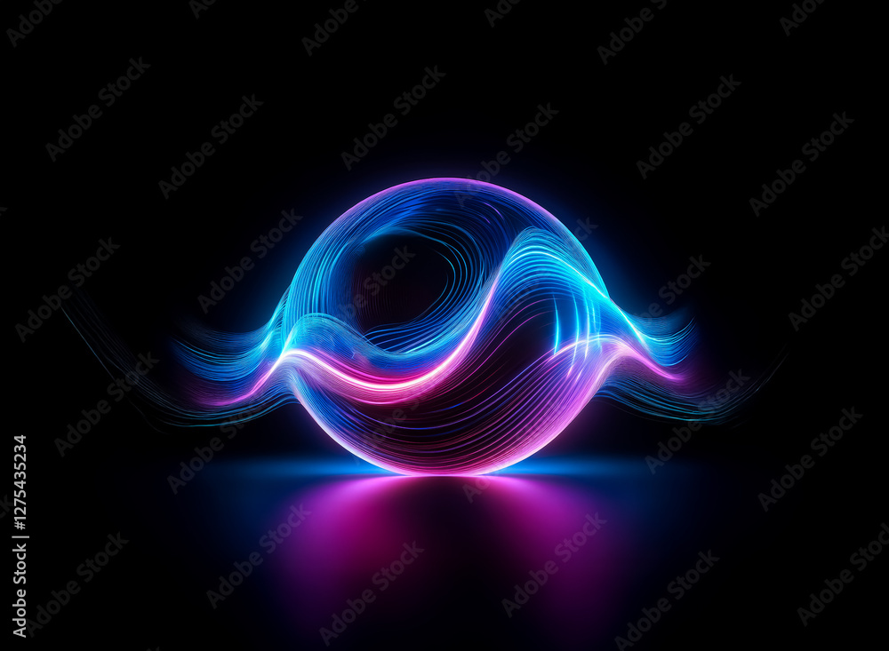 Poster abstract glowing sphere with blue and pink wavy light trails on a dark backdrop. the sphere is illum