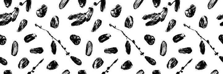 Organic dates pattern seamless. Vector black hand drawn charcoal drawings for dried date label, nutrition packaging design, natural dates syrup. Dried fruits ornament - date sugar banner