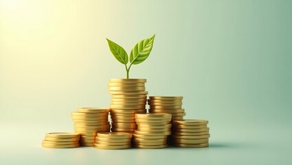 Pile of coins with a growing plant on top symbolizing financial growth isolated on transparent background
