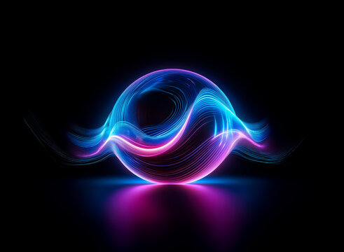 Abstract glowing sphere with blue and pink wavy light trails on a dark backdrop. The sphere is illuminated and has a reflection underneath.