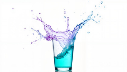 Vibrant water splash in turquoise and purple against white background, visual energy