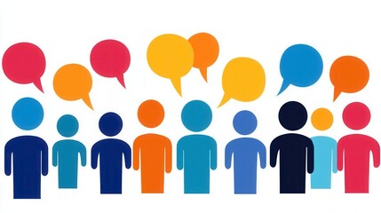 Diverse Group Communicating Colorful Abstract People Icons with Speech Bubbles