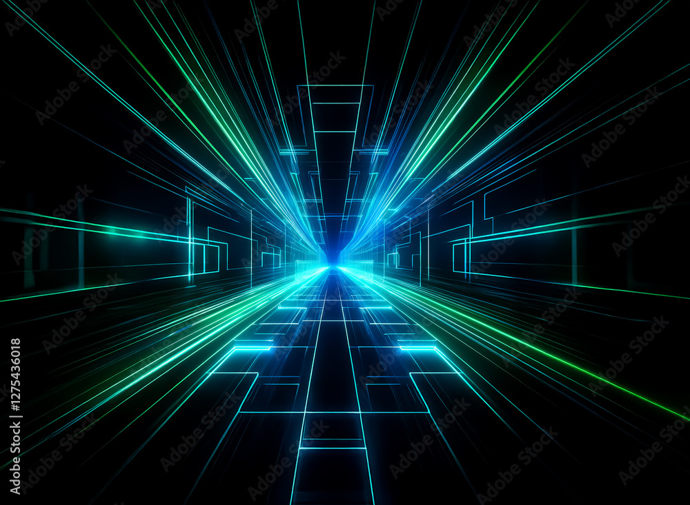 Poster abstract perspective view of converging blue and green lines on a black background, creating a futur