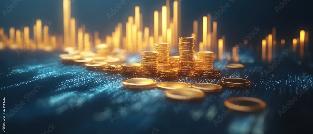 Aufkleber stacks of coins with digital data in background
