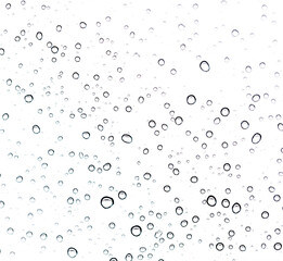 The image is a close up of raindrops on a window