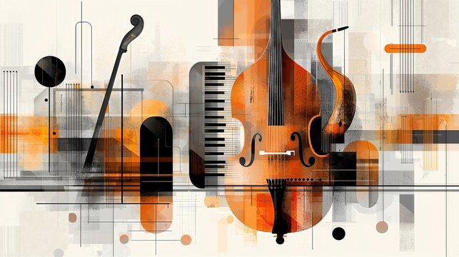 Cello and piano in graphic style with soft lines and shapes representing jazz instruments