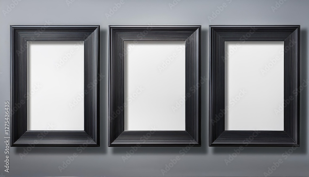 Poster black frames with passepartout on gray background three empty rectangular frames evoking a sense of 