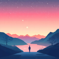 Silhouette of a lone figure by a tranquil lake, vibrant sunset sky reflected in water, serene atmosphere, calming exploration.