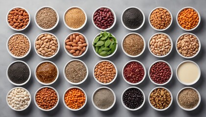 Fototapeta premium Assortment of Grains, Seeds, Nuts, and Beans in Bowls