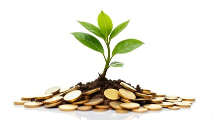 Pile of coins with a growing plant on top symbolizing financial growth isolated on transparent background
