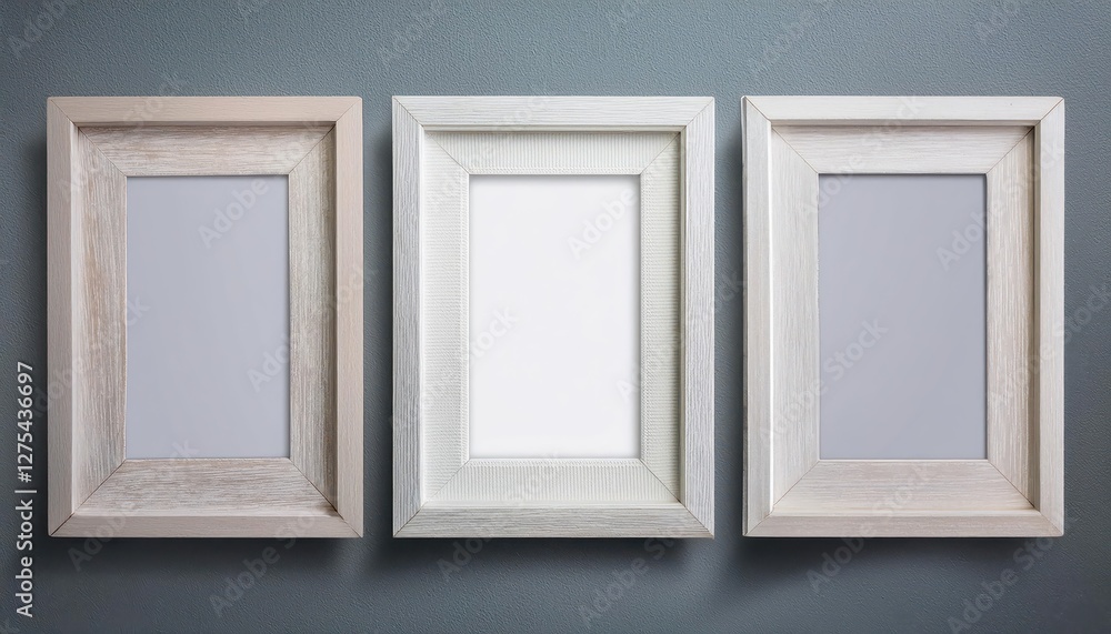 Poster empty artistic frames in monochromatic mood stark contrast of white rectangles on a gray backdrop, p