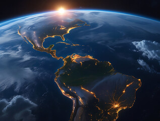 Stunning view of Central and South America at night from space, showcasing city lights.