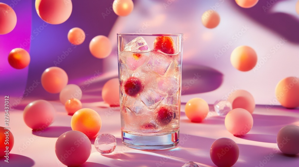 Poster refreshing drink with ice and raspberries surrounded by colorful spheres in a vibrant setting
