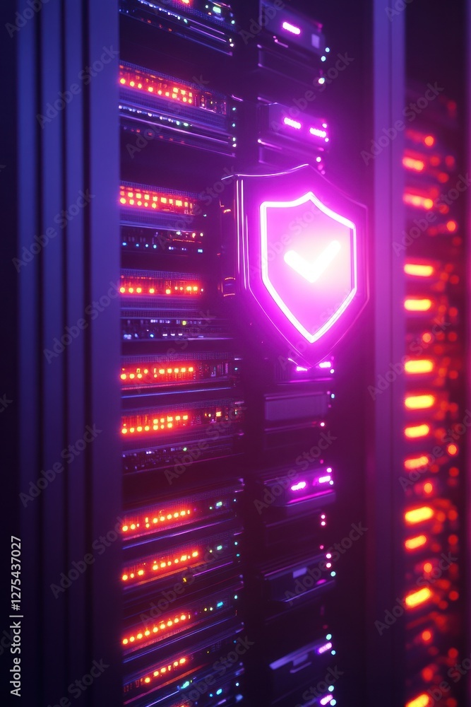 Poster a vibrant server room showcasing illuminated data servers with a glowing shield symbolizing security