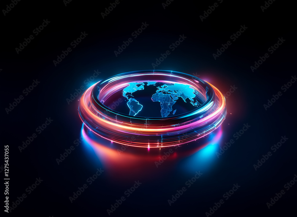 Poster a glowing world globe is centered in a luminous ring. vibrant light trails encircle it, creating a s