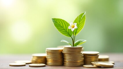 Pile of coins with a growing plant on top symbolizing financial growth isolated on transparent background