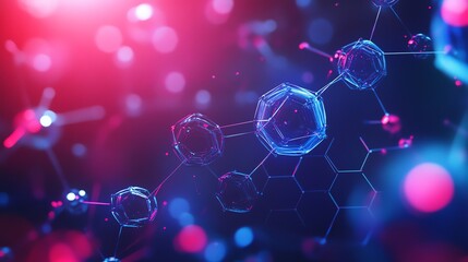 Design a vibrant, futuristic molecular network with glowing blue and red atoms, hexagonal patterns, and transparent spheres. Perfect for science, tech, and abstract themes. High-quality digital