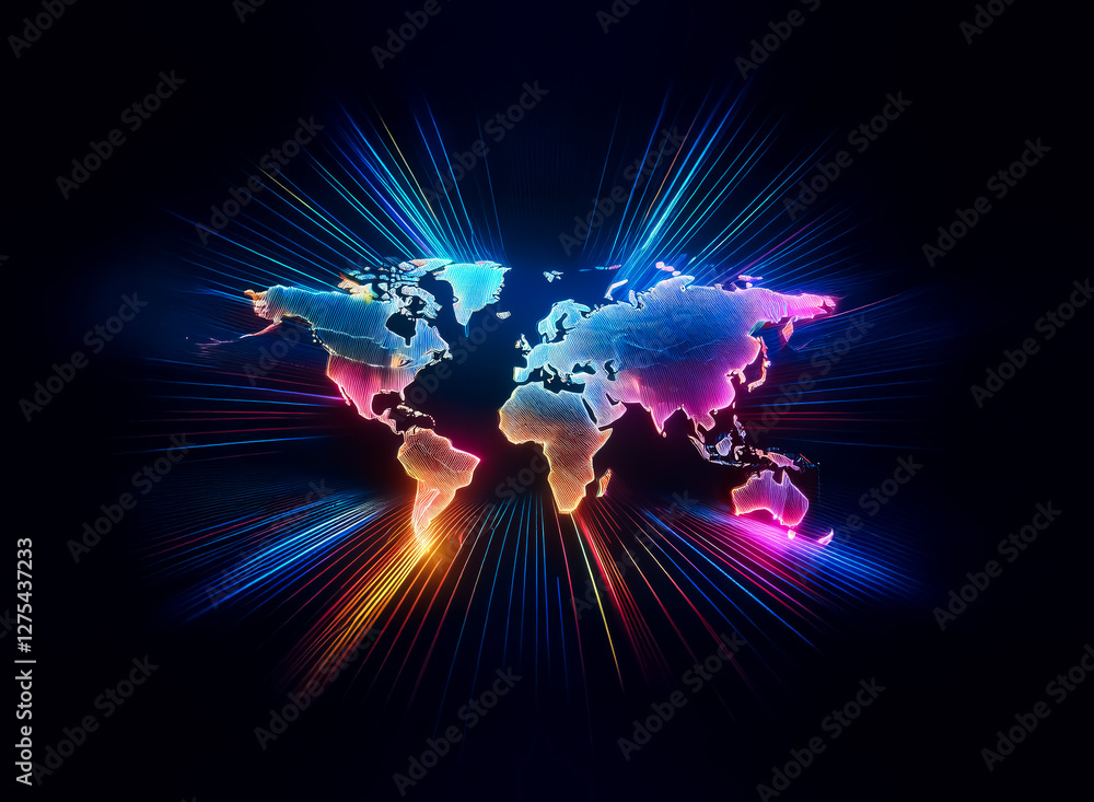 Poster a vibrant world map glows with radiating light beams against a dark backdrop, creating a futuristic 