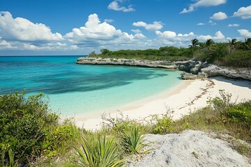 Fototapeta premium Tropical beach cove, pristine white sand, turquoise water, sunny day; vacation postcard
