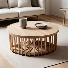 Modern Wooden Coffee Table with Unique Radial Design in Minimalist Living Room