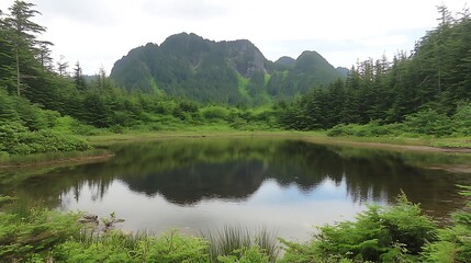 Mountain lake reflection in forest