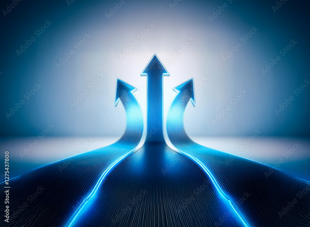 Poster three glowing blue arrows ascend from a path, illustrating forward motion and progress in a futurist