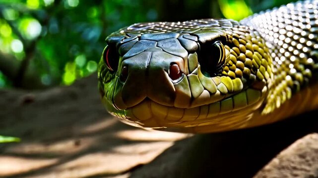 Venomous green snake slithering over rocky ground, exposing bright red nostrils while moving through dense tropical forest understory, displaying predatory survival instincts