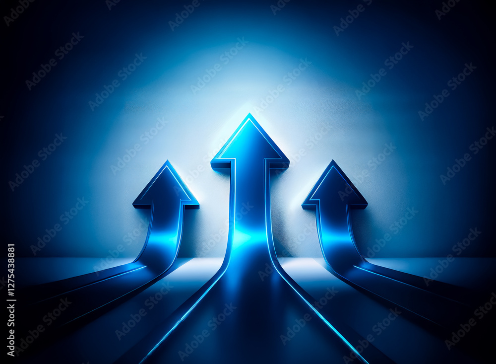 Poster three blue arrows point upwards against a gradient backdrop, symbolizing forward progress and direct
