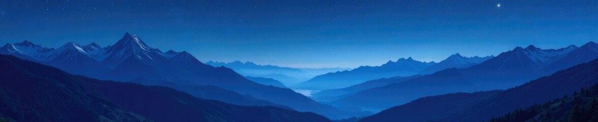 Fototapeta premium A serene landscape of mountains and valleys in shades of blue and gray under the starry night sky, blue gray, sky,