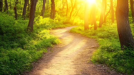 Fototapeta premium Sunlit Forest Path Winding Through Lush Green Woods