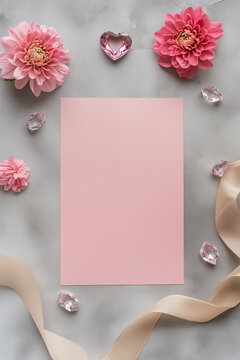 A pink blank paper sheet with a ribbon, flowers, and crystals on a grey concrete table