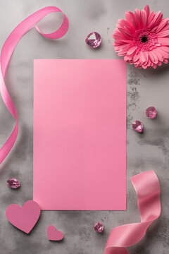 A pink blank paper with a ribbon, flowers, and heart-shaped diamonds on a grey background