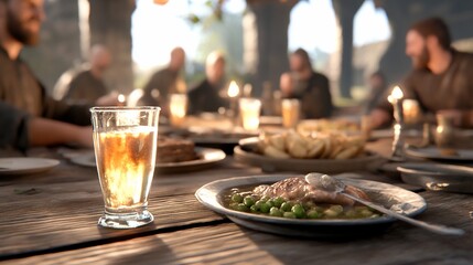Medieval feast villagers dine; sunlight streams