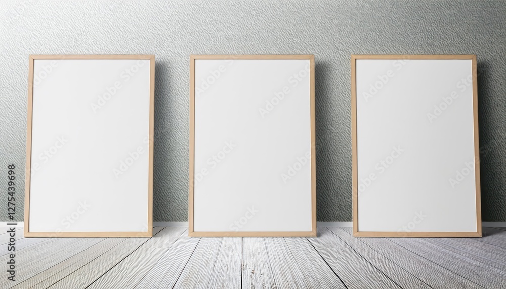 Poster striking vertical poster triptych framed against a white backdrop, creating a monochromatic visual s