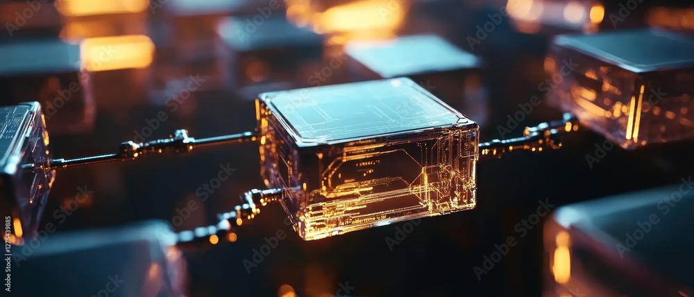 Poster futuristic digital network with glowing transparent cubes interconnected, symbolizing advanced techn