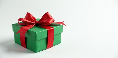 Christmas gift box wrapped in green and red paper on a white background, decoration, ribbon, present