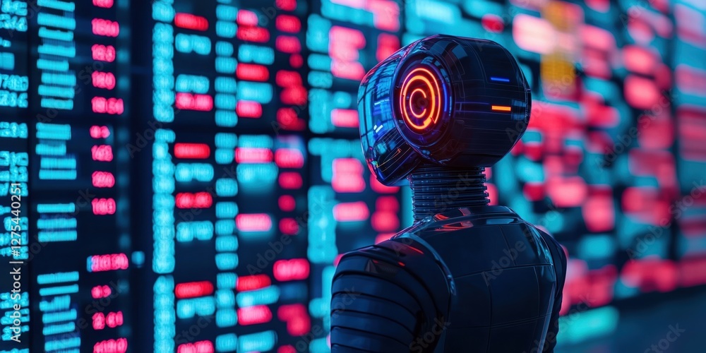 Poster fintech innovations concepts. futuristic robot interacting with vibrant digital data display.