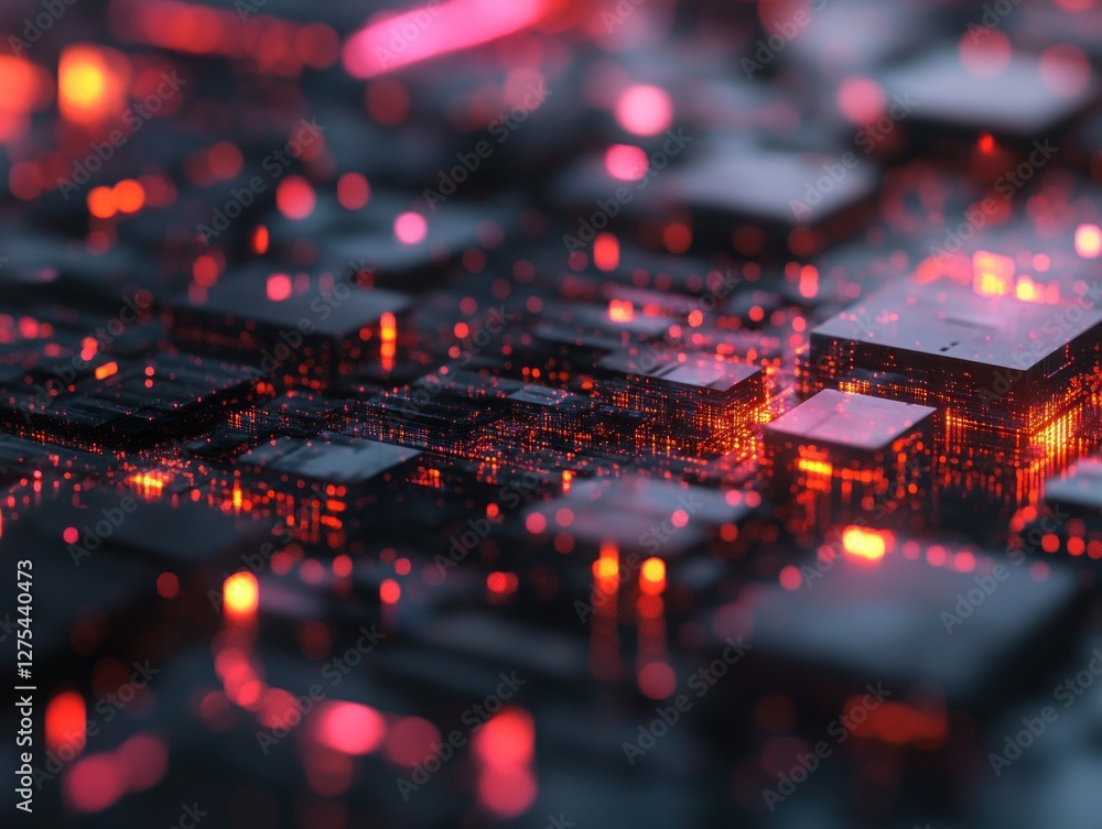 Aufkleber close-up view of a futuristic circuit board with glowing elements, showcasing vibrant colors and int