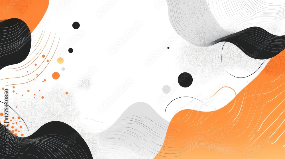 Poster abstract design featuring flowing shapes in orange, black, and white, creating a dynamic and modern 