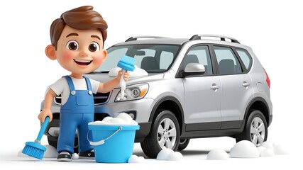 Happy childhood car washing fun